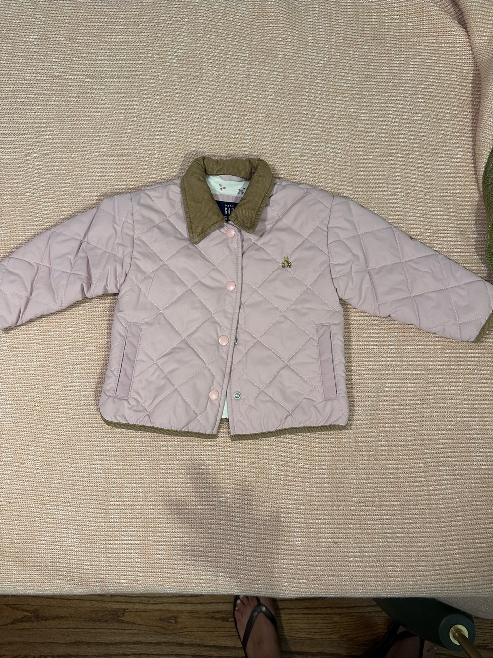 GAP Quilted Light Pink Puffer Jacket with Olive Corduroy Collar